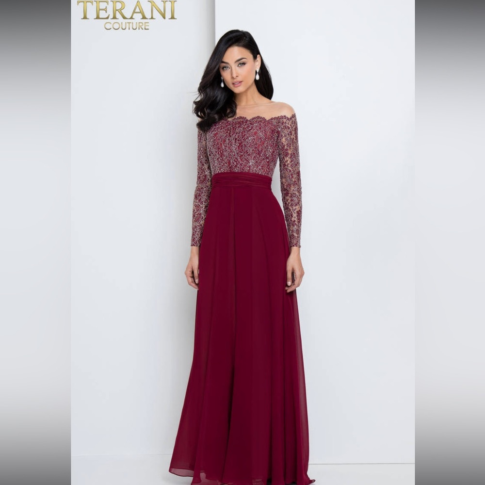 Elegant long burgundy gown w/ “illusion” off-the-shoulder look-Terani Couture 12